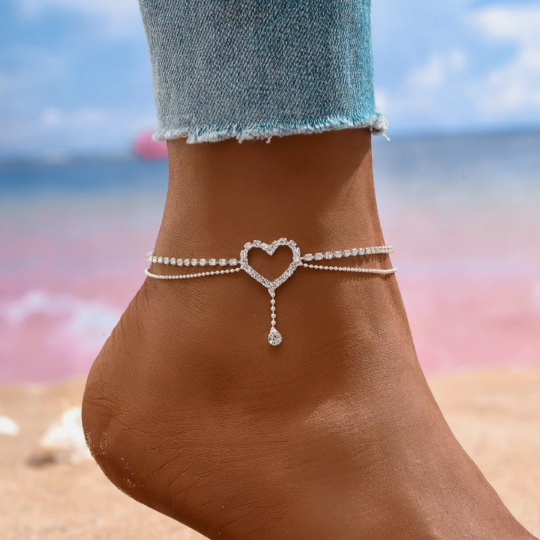 Women’s 925 Sterling Silver Anklet Bracelet 2 Layer Heart Anklet