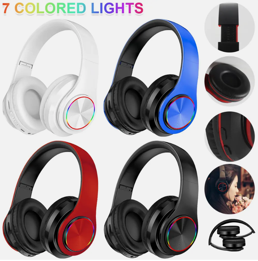 7 Colour RGB Wireless Bluetooth 5.1 Headphones Noise Cancelling Over-Ear Stereo Earphones