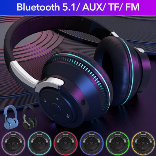Colourful LED Wireless Bluetooth Headphones Over-Ear Earphones Headset