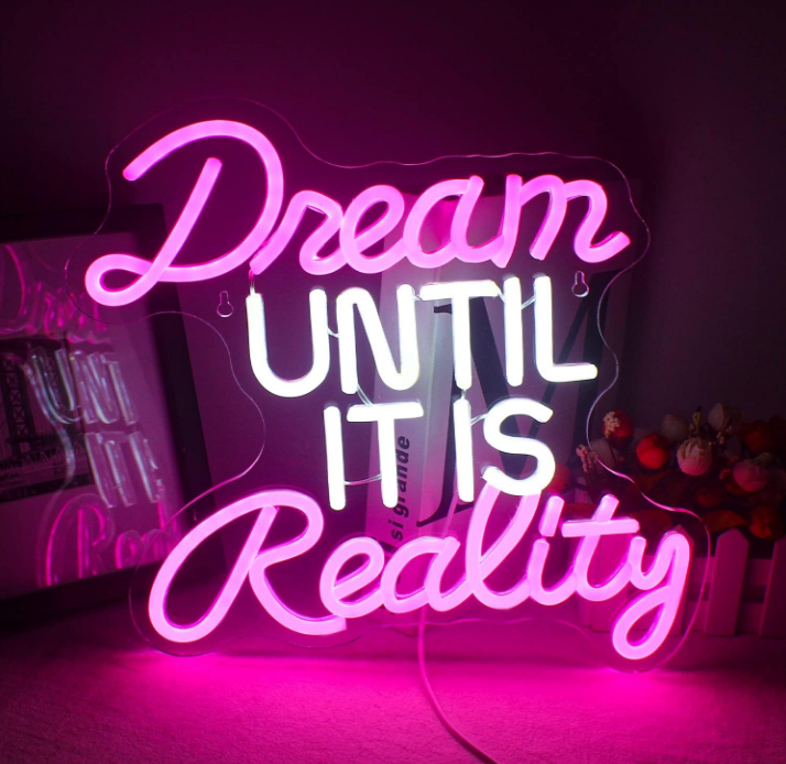 Dream Until It Is Reality LED Neon Signs Pink & White Neon Light Signs for Bedroom, Dance studio, Wedding Wall Décor Gifts for Girls
