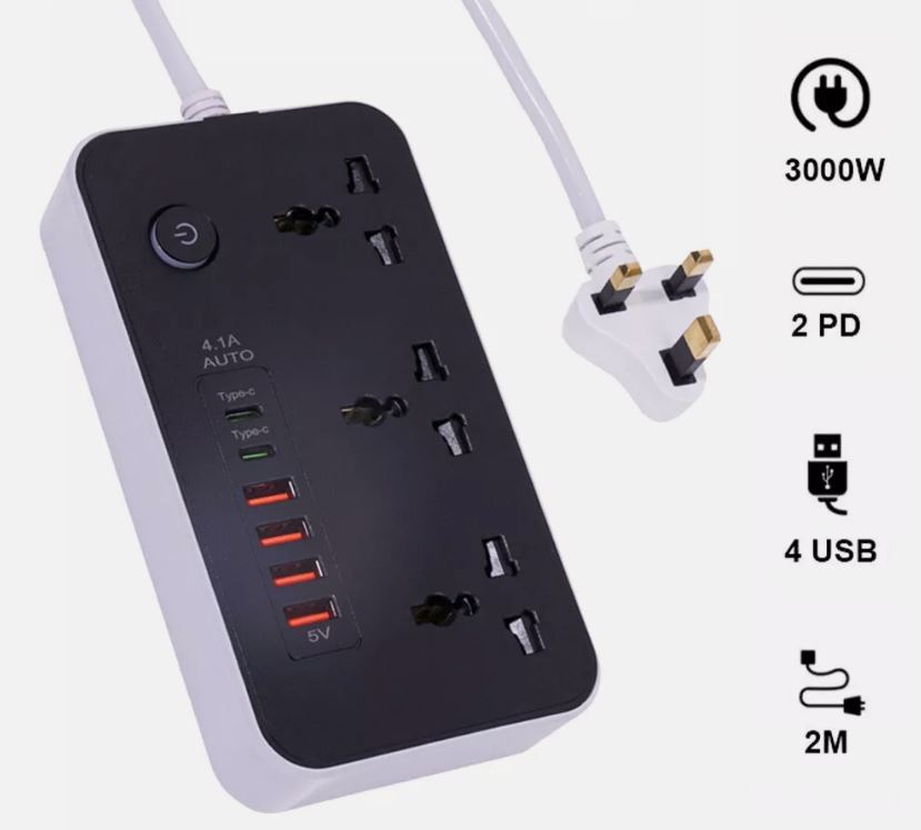 Extension Cable Lead with USB Power strips with 3 Way Outlets 4 USB Slots 2M
