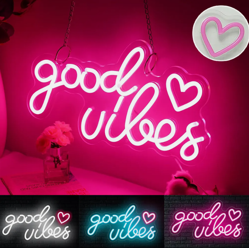 Good Vibes LED Neon Sign Night Light USB Hanging Wall Lamp Home Party Bar Décor
