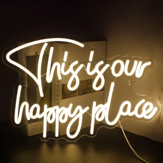 This is Our Happy Place LED Neon Signs Warm White for Wall Décor, USB Happy Place Light Up Signs for Bedroom Home Bar Birthday Wedding Party, Wedding Signs, Room