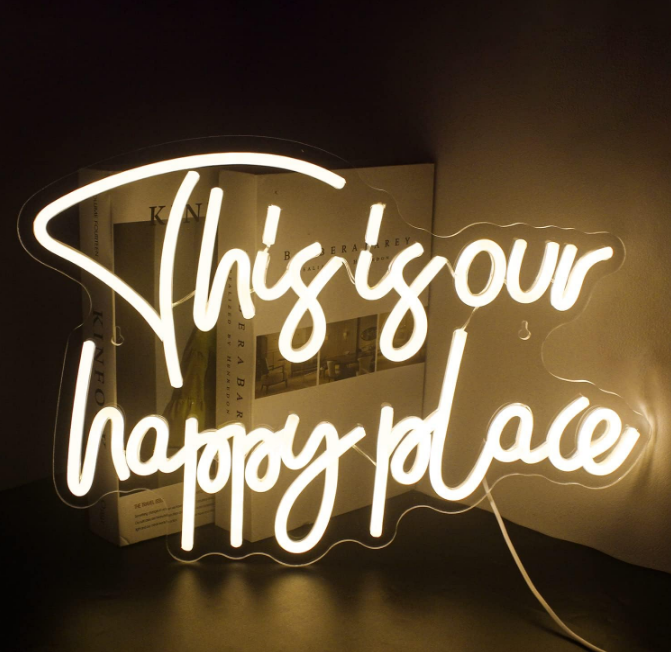 This is Our Happy Place LED Neon Signs Warm White for Wall Décor, USB Happy Place Light Up Signs for Bedroom Home Bar Birthday Wedding Party, Wedding Signs, Room