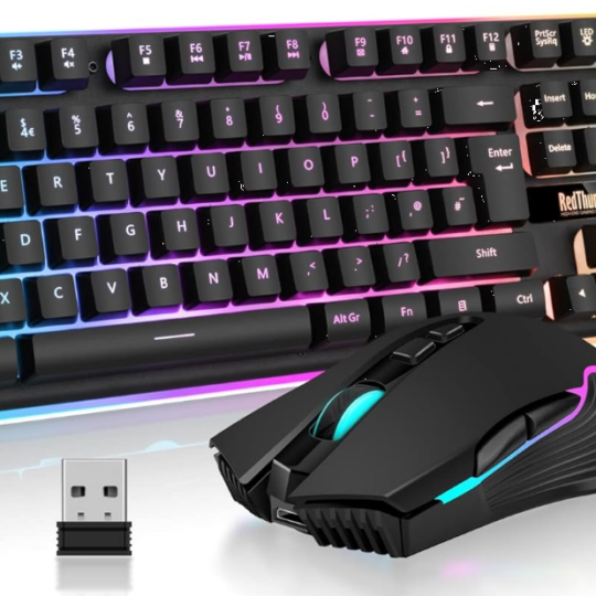 Wireless Gaming Keyboard and Mouse Combo, LED Backlit Rechargeable 3800mAh Battery, UK Layout Mechanical Feel Keyboard + 7D 3200DPI Mice for PC Gamer (Black)
