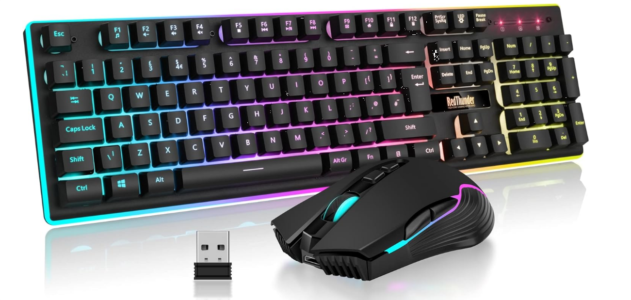 Wireless Gaming Keyboard and Mouse Combo, LED Backlit Rechargeable 3800mAh Battery, UK Layout Mechanical Feel Keyboard + 7D 3200DPI Mice for PC Gamer (Black)