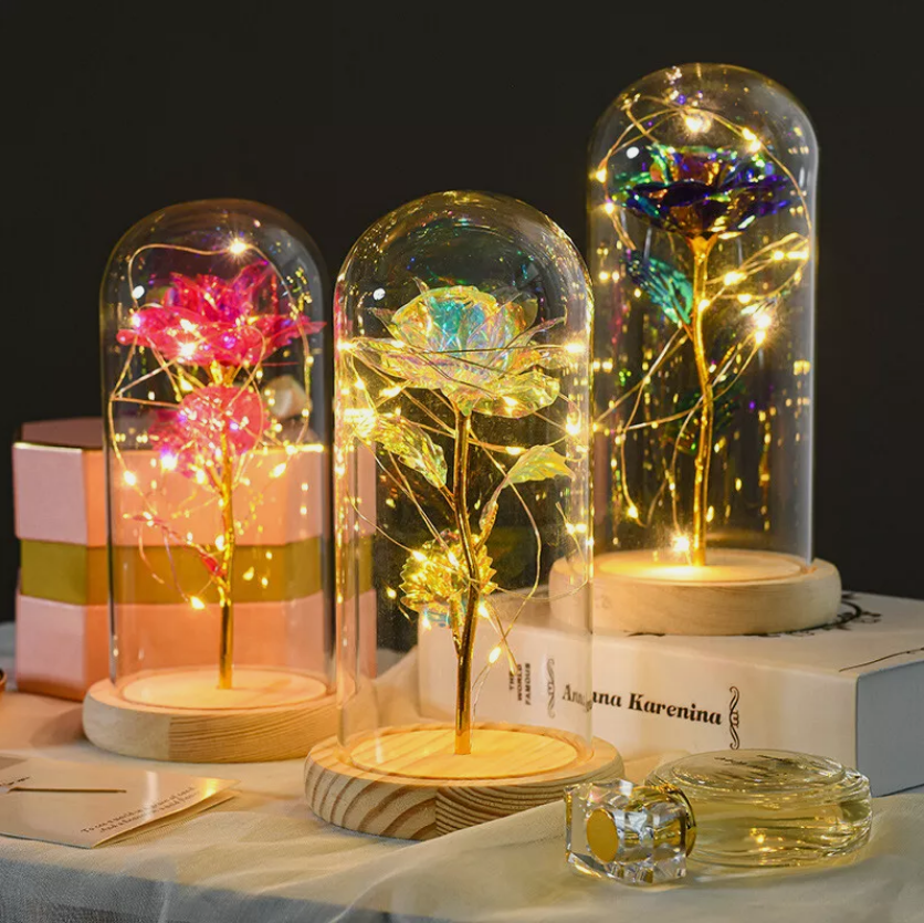 Preserved Eternal Rose for Women Rose Flower Artificial Roses in Glass Dome with LED Light Beautiful Gift