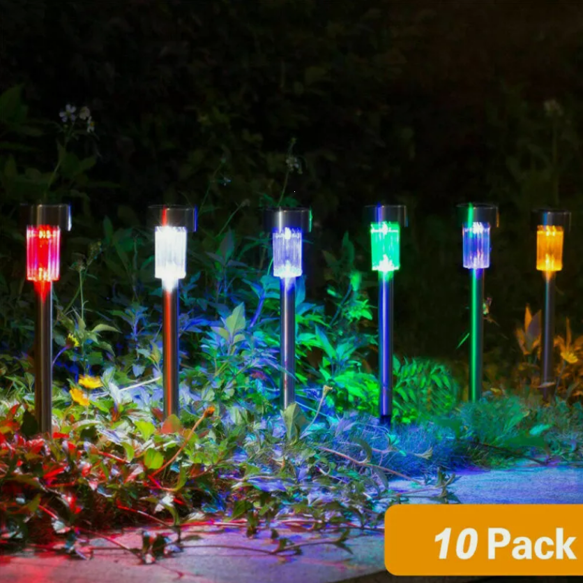 10 Pack Stainless Steel Solar LED Light Poles Multi Colour Outdoor Garden Lighting Decor
