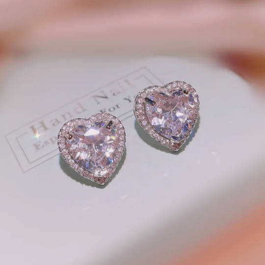 925 Sterling Silver Crystal Heart Stud Earrings Women's Jewellery Valentine Gift