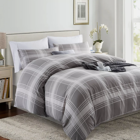 Luxury Grey Check Reversible Double Sided Duvet Cover Quilt Cover Bedding Set Single Double King Size