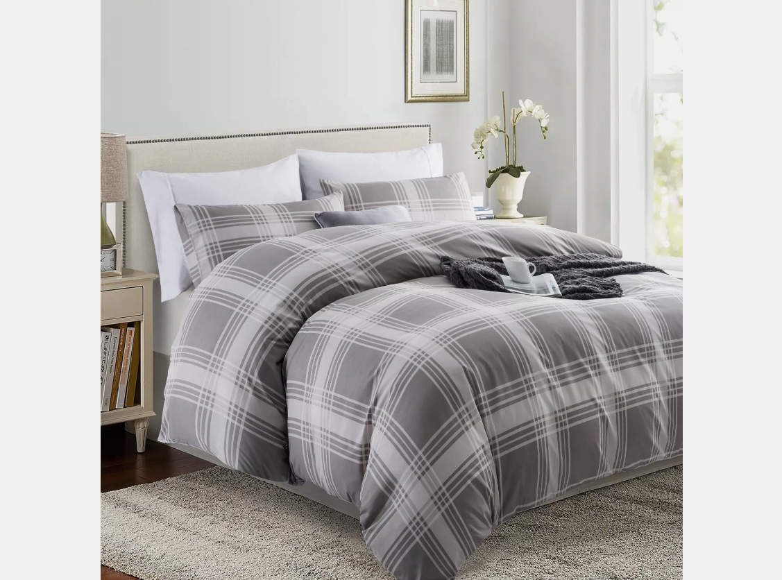 Luxury Grey Check Reversible Double Sided Duvet Cover Quilt Cover Bedding Set Single Double King Size