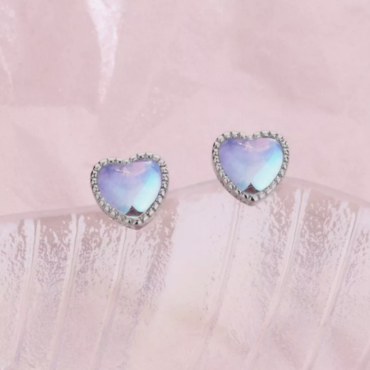 Beautiful Colourful Moonstone Heart Stud Earrings S925 Sterling Silver - Perfect Gift for Her