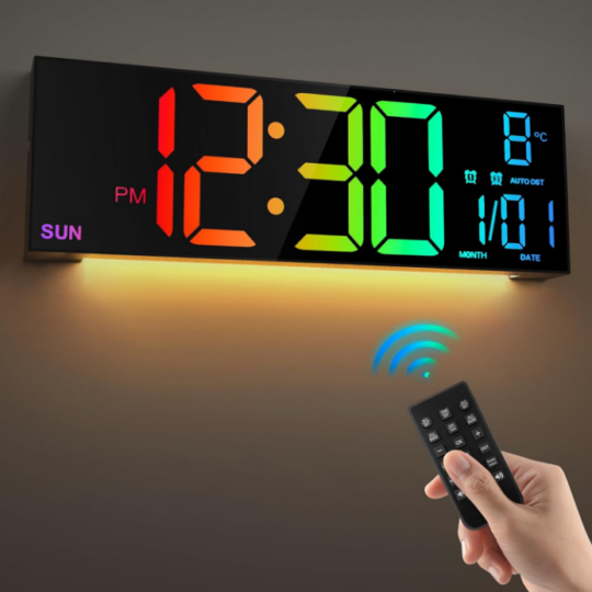 Large Digital Wall Clock - 16.5'' with Remote Control, LED Display, Dual Alarm, 8 RGB Colors, Auto Brightness, Date, Auto DST, Temperature, Night Light - Ideal for Living Room, Bedroom, Office Wall Décor