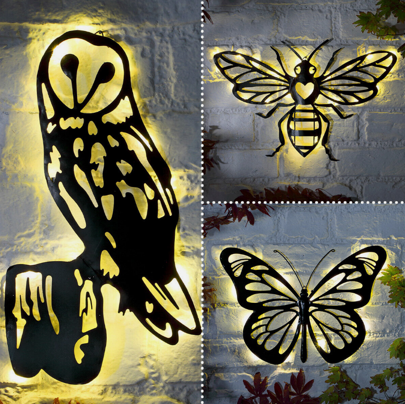 CUTE! LED Solar Power Metal Novelty Animal Fence Outdoor Wall Lights Garden Decoration -3 Designs: Barn Owl, Bumble Bee, Butterfly
