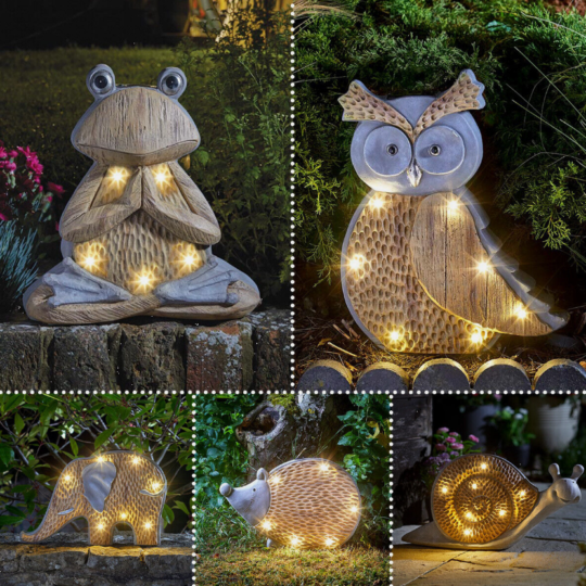 Solar Powered Woodstone LED Novelty Animal Outdoor Garden Ornament Light Up Decoration - Frog, Elephant, Barn Owl, Hedgehog, Snail and Fox
