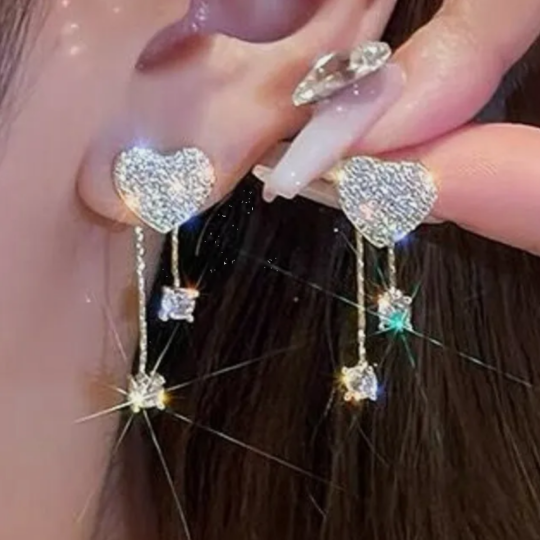 Absolutely Stunning Glitter Hearts Drop Gold Stud 925 Sterling Silver Earrings Women's Girls Gifts